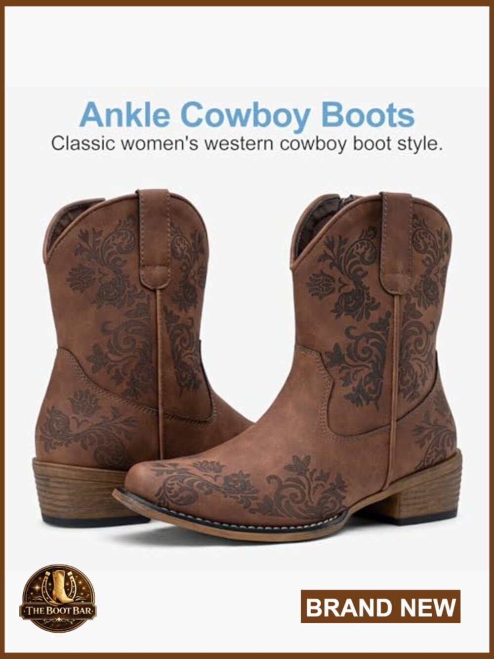 Women's Cowboy Ankle Boots Square Toe Low Heel Zipper Comfortable Western - Picture 6 of 7